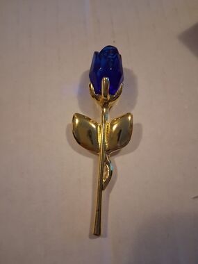 Gold-Tone Rose Brooch with Blue Crystal Bloom